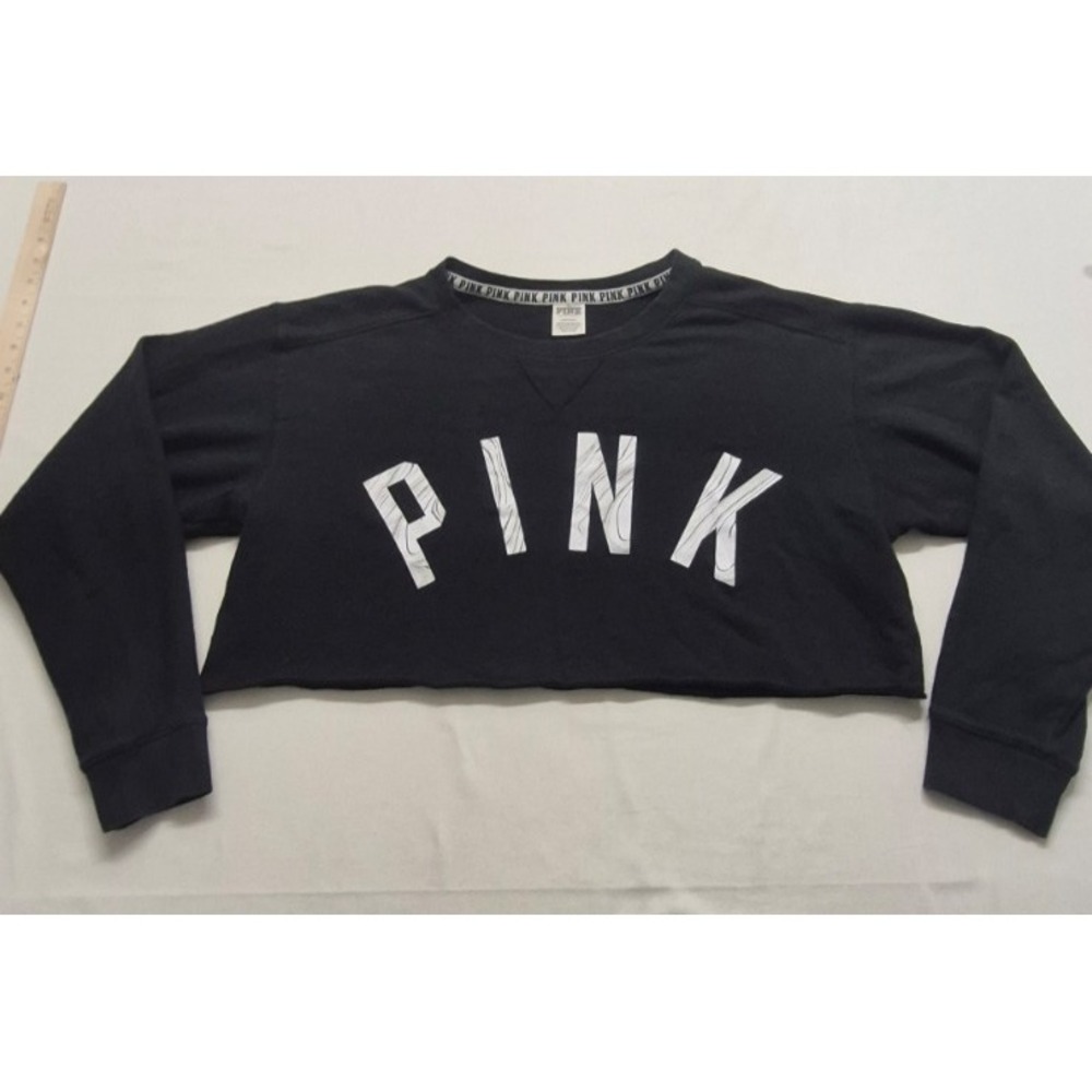 VS Pink women's black cropped white marble graphic print sweatshirt LG